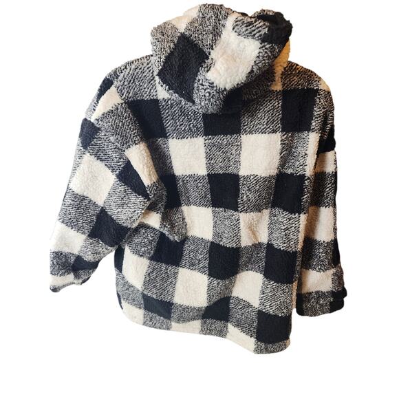 Buffalo Check Sherpa Fleece Jacket Large Black White Plaid Zip Hooded Coat Cozy - Picture 14 of 14